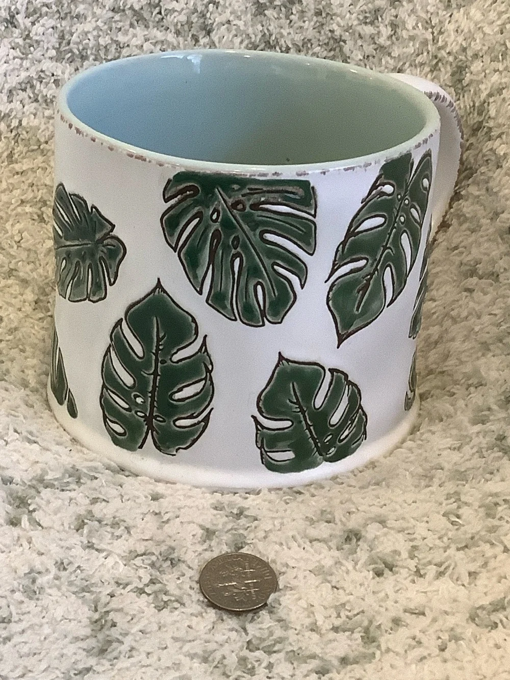White Tropical Ceramic Mug with Green Monstera Leaf  RS 16oz.